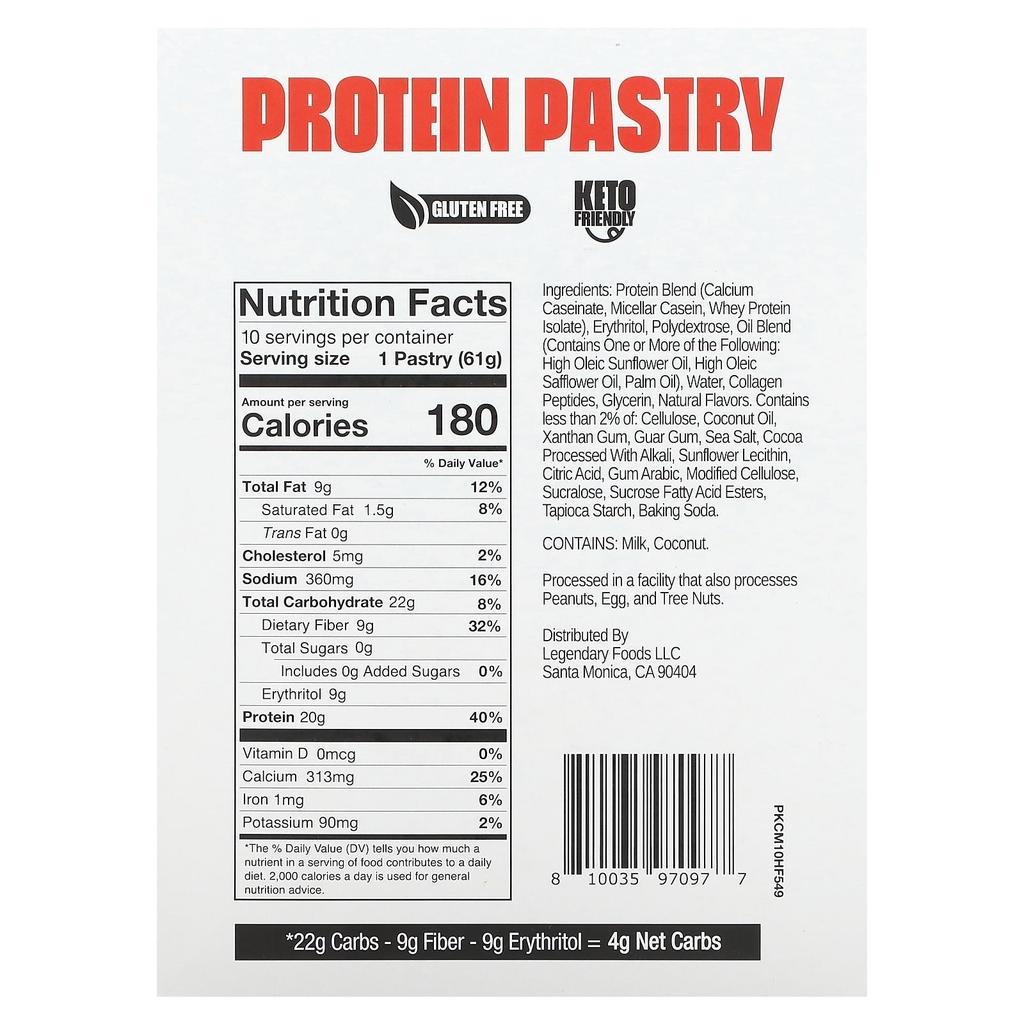Legendary Foods Protein Pastry, Hot Fudge Sundae, 10 Packs, 2.2 Oz (61 G) Each
