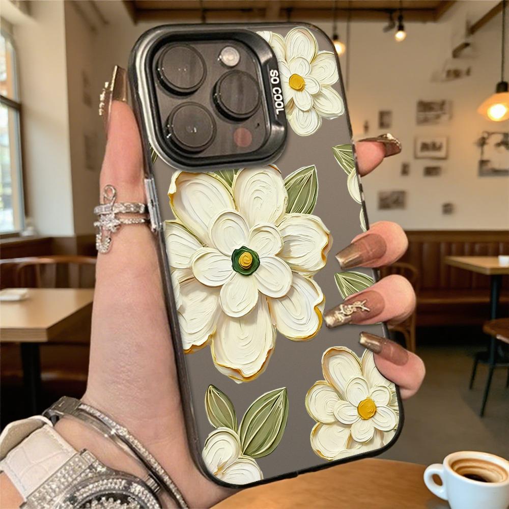 Текстурированный чехол с белыми цветами для iPhone 16 15 14 13 12 11 Pro Max/Mini, противоударный, с защитой от царапин, премиальная жесткая крышка
