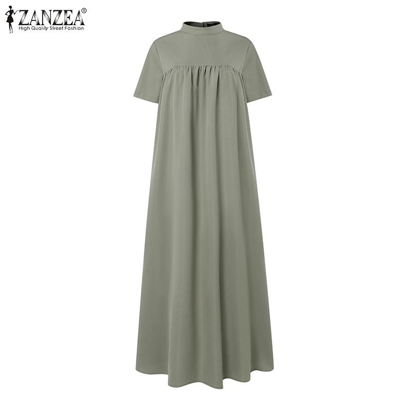 ZANZEA Женское повседневное свободное платье с воротником-стойкой и коротким рукавом