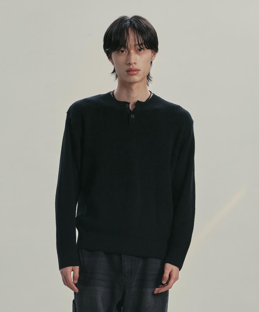 KNITTED Cotton Henley Neck Waffle Knit Black