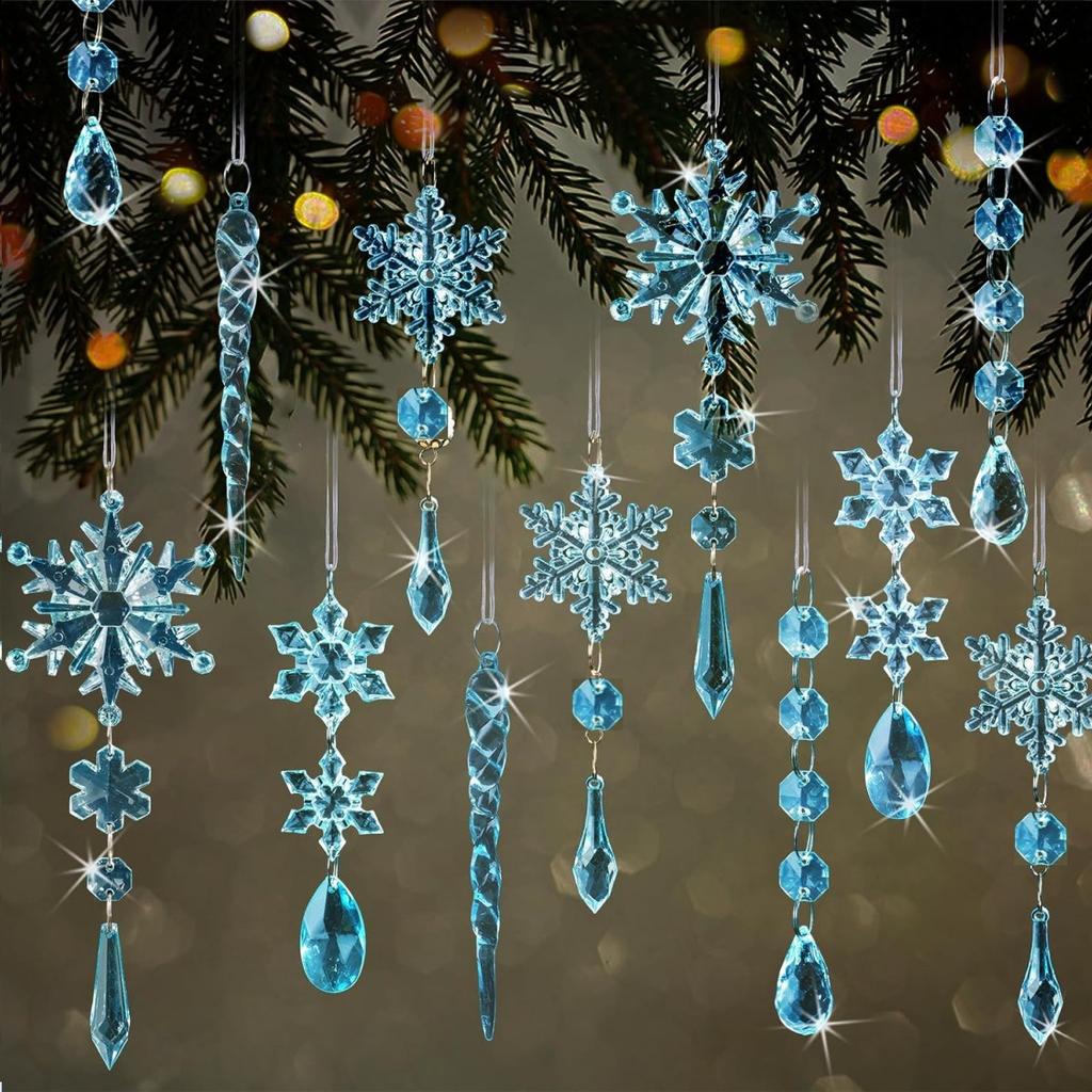 10pcs Crystal Christmas Ornaments for Tree Decorations-Hanging Acrylic Snowflake Icicle Ornaments with Drop Pendants for Winter Wonderland Chandelier