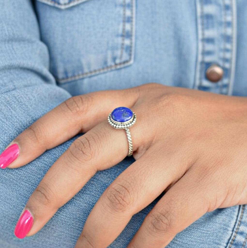 Lapis Lazuli Round Stacking Ring, 925 Sterling Silver, Minimalist Lapis Statement Ring, Everyday Wear Ring for Women