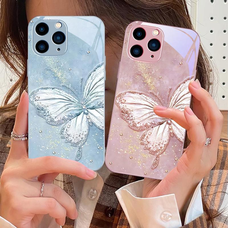 Радужная Бабочка Зеленая Для IPhone 16 Pro Max 15 Pro 14 13 12 Mini 11 XS Max XR 7 8 Plus SE 2022 Закаленное Стекло Чехол для Телефона