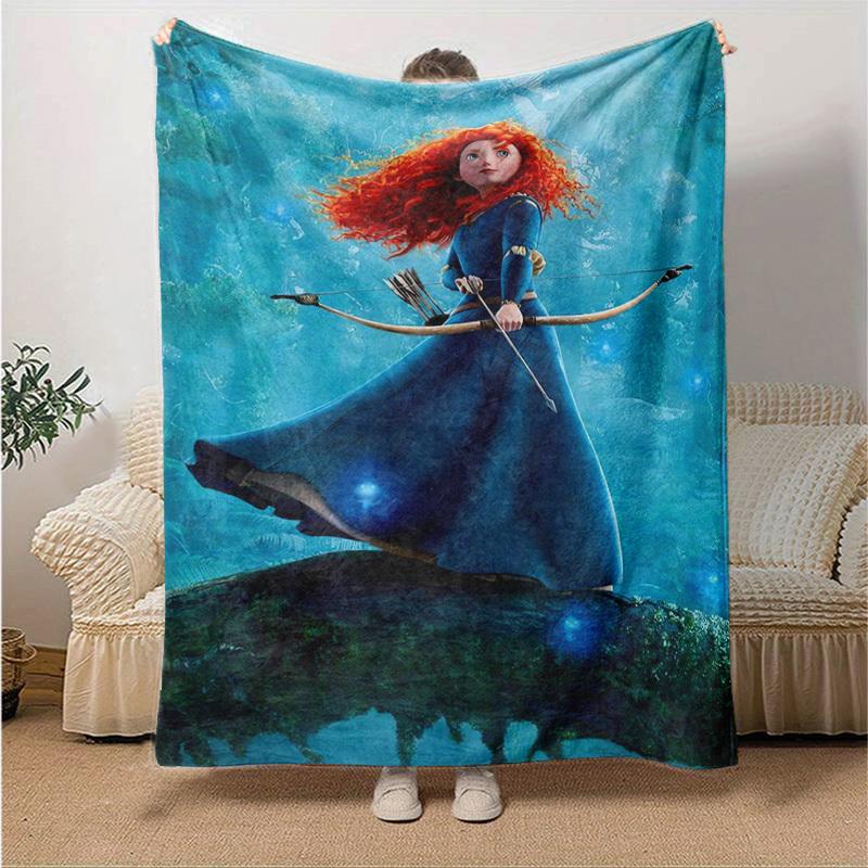 1pc. Cartoon Princess Merida Bow and Arrow Forest Theme Blanket, Soft Throw for Home Decor, Gift Idea, All Seasons Use, Blue Dress with Red Hair, Fant