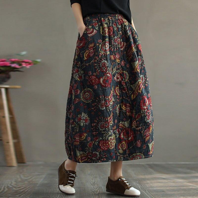 Johnature Женская стеганая юбка с цветочным принтом и мягкой подкладкой, винтажная одежда из смешанного хлопка с эластичной резинкой на талии, осенне-зимние юбки с карманами