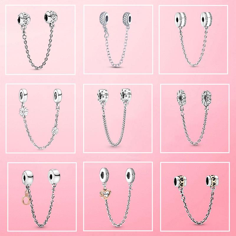 Safety Chain Daisy Heart Safety Chain Clasp Charm Fit Original Brand Bracelet DIY Silver Color Jewelry