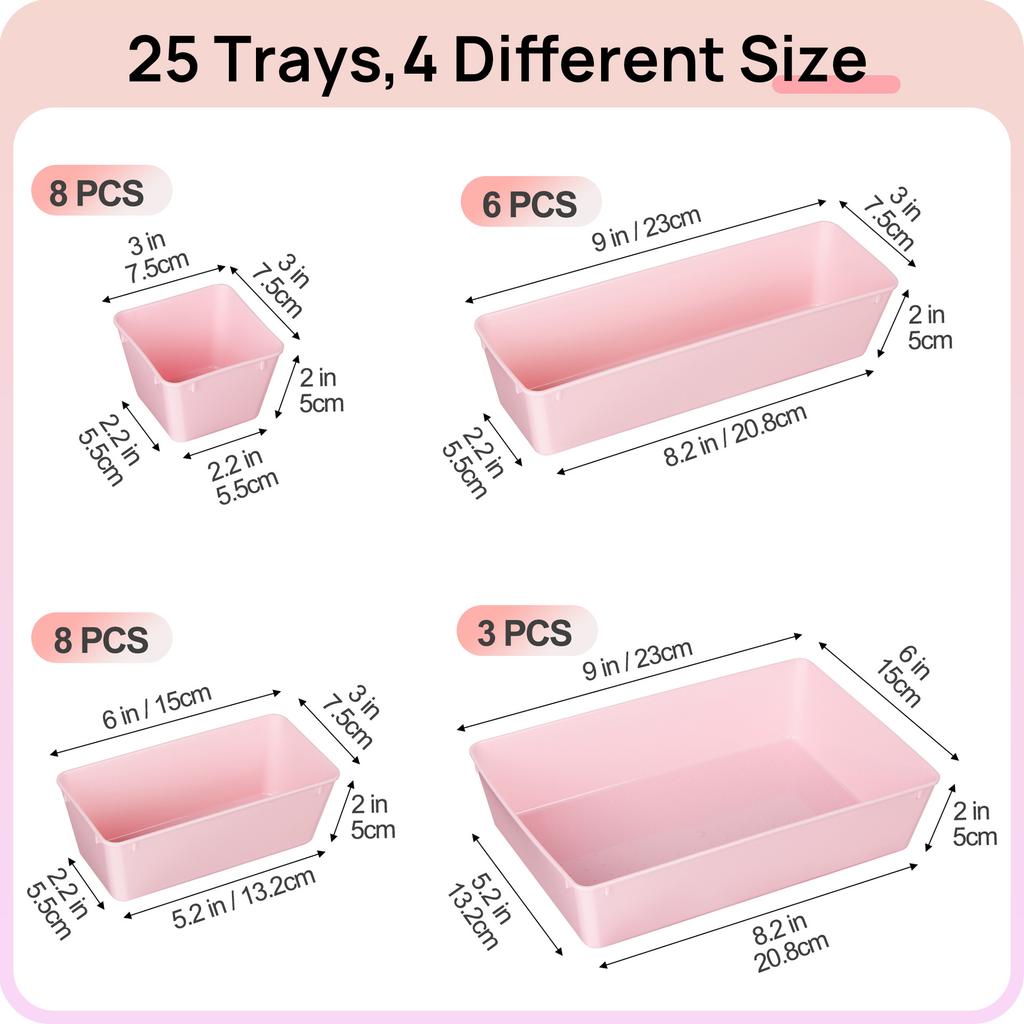 Красочный набор из 25 прозрачных пластиковых органайзеров для ящиков 4 размеров, разделители для ящиков туалетного столика, контейнеры для хранения и разделения макияжа, кухонной утвари