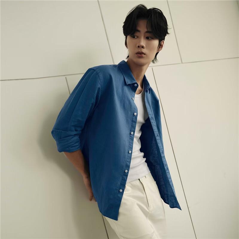 GIORDANO Мужская дышащая хлопково-льняная рубашка с длинным рукавом в стиле знаменитостей