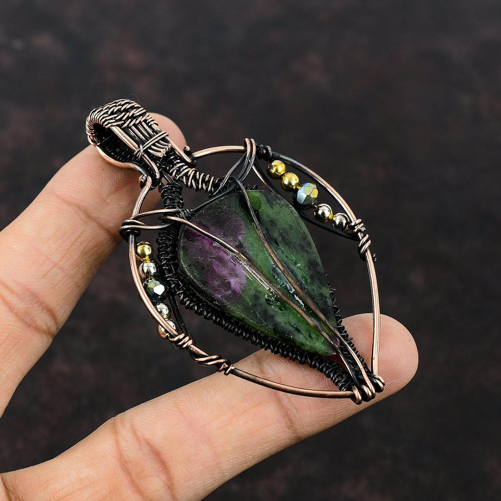 Рубиновый кулон с цоизитом, титановые бусины, медный кулон, обернутый проволокой, ювелирные изделия из драгоценных камней, кулон из проволочной обмотки ручной работы, медные украшения для подарков