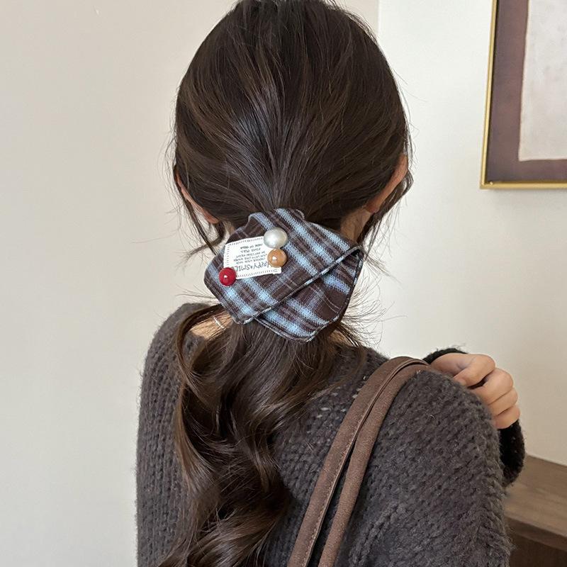 1pcs College Style Red Checkered Square Scarf with Large Intestine Headband, Women's Meatball Head Low Ponytail Square Headband Accessory.