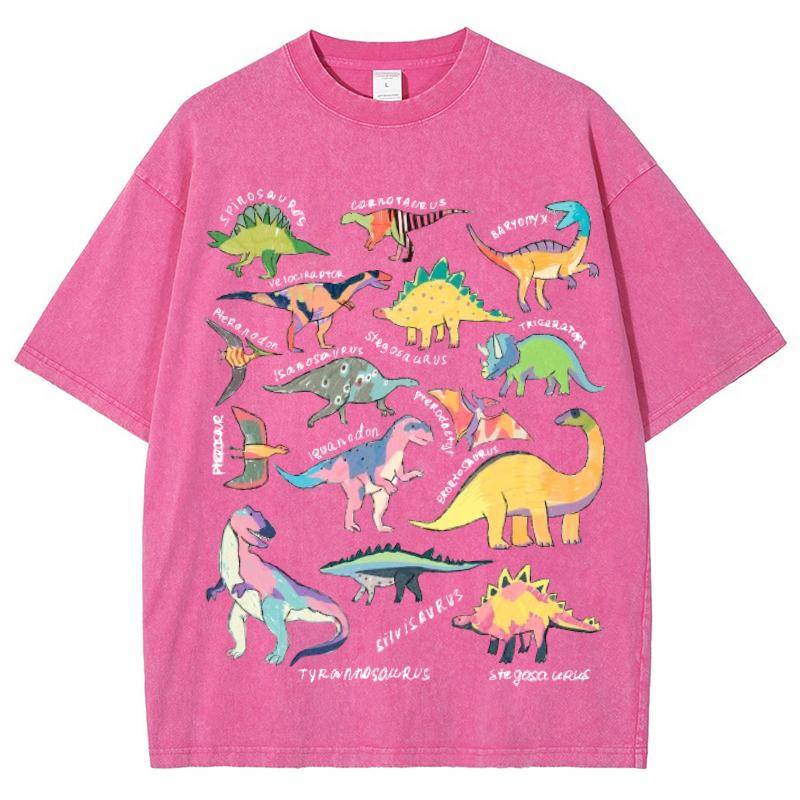 Color Cartoon Dinosaur Print Ladies T-Shirt Oversized Loose Wash Solid Color Short Sleeve American Retro Top