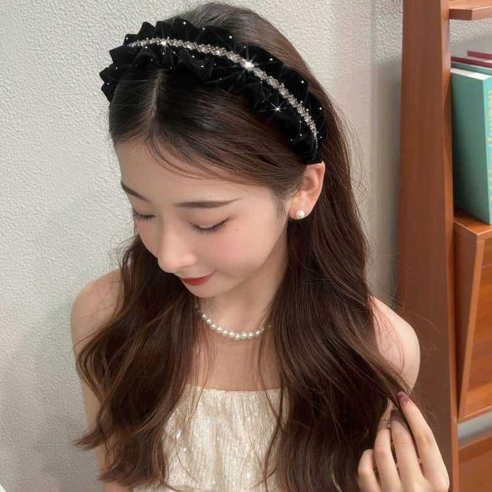 Elegant Shiny Rhinestone Headband Sweet Women Sequin Hairband Velvet Pleated Hair Hoop Female