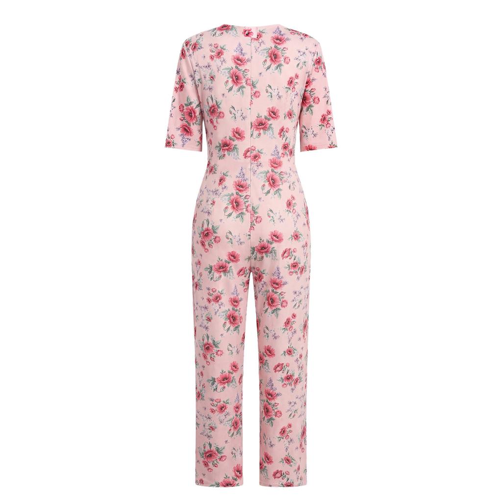 S-3XL Womens Elderly Nursing Floral Print Jumpsuit Short Sleeve Back Zipper Lounging-style Anti-strip Adaptive Rompers for Alzheimer Special Needs