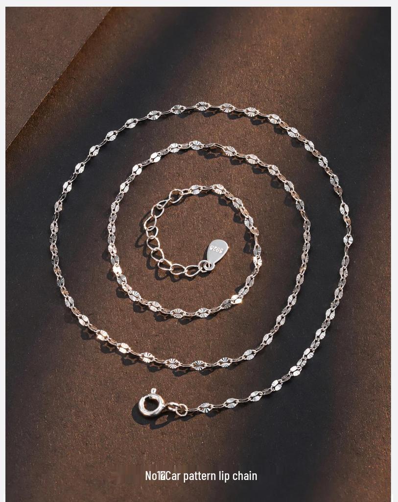 Korean Style S925 Sterling Silver Necklace: Carved Lip Round Link Chain with Silk Texture, Gingham Design, Starry Sky Accents, Plain Collarbone Chain