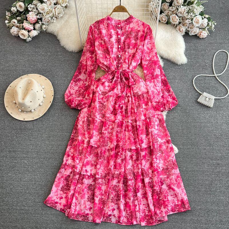 Long Sleeves Stand Collar A- Line Elegance Wide Hem Printed Dress