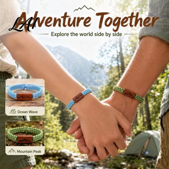 Simple Two Tone Woven Cord Adjustable Rope Bracelet with Wooden Charm Ocean Wave/Mountain for Durable Wear Resistant String Wristband Women