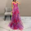 Women's Spaghetti Strap Maxi Dress Floral Boho Deep V-Neck Hollow Out Mesh Pleated Dress Summer Beach Party Swing Long Dress