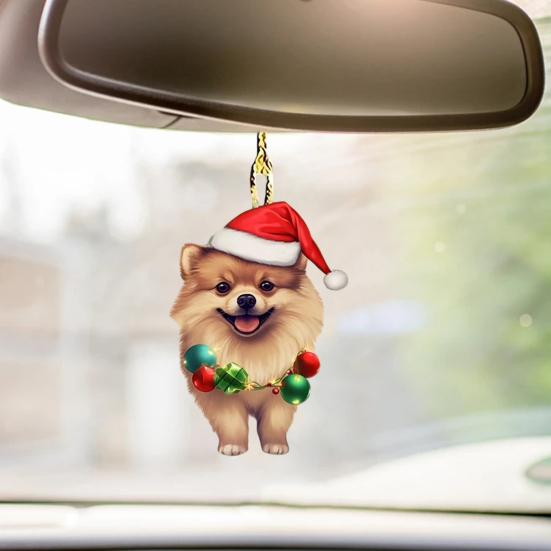 Рождественская собака, зеркало заднего вида, подвеска, украшение для автомобиля, милый щенок в рождественской шапке, украшения для рождественской елки, автомобильные аксессуары