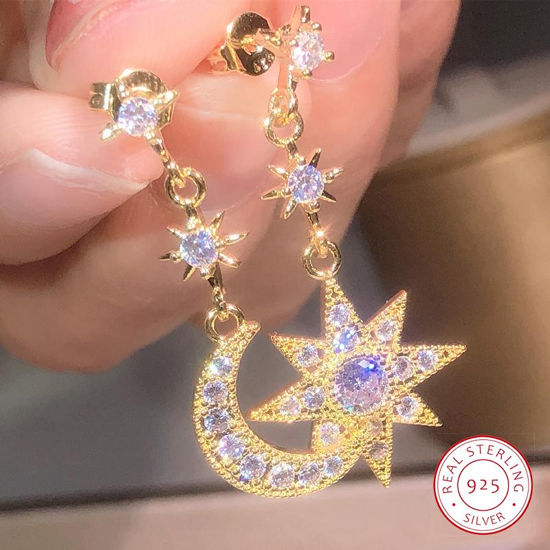 Серьги из стерлингового серебра 925 пробы, простой изысканный дизайн, белые цирконы, серьги-звезды и луны, французский стиль, для вечеринок, свиданий, ювелирный подарок