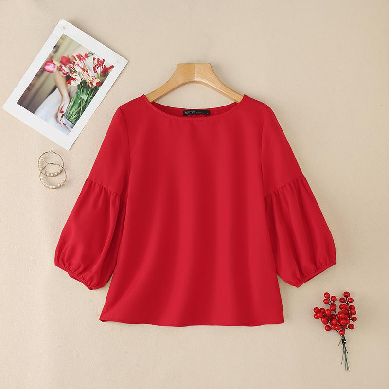 ZANZEA Женская летняя блузка с круглым вырезом, свободного кроя, с рукавом 3/4, однотонная