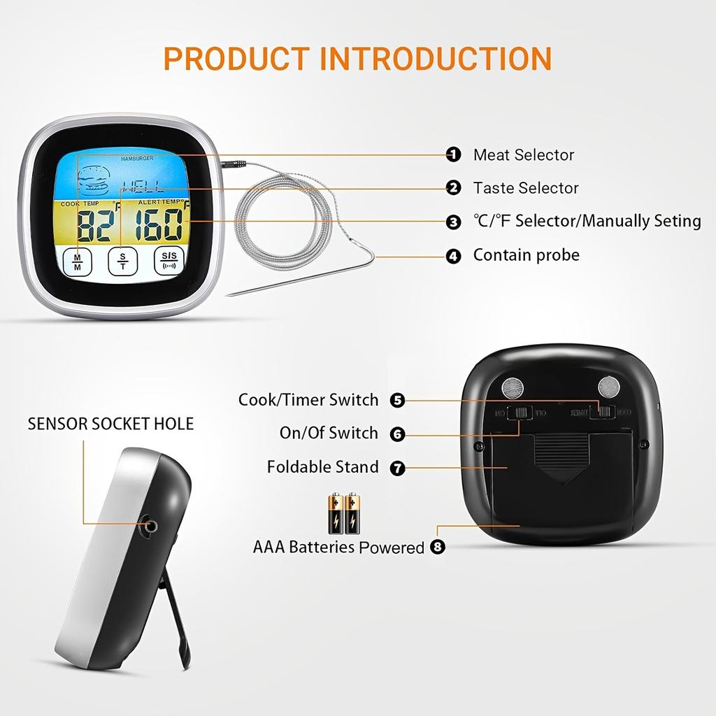 Digital Meat Thermometer BBQ Timer Cooking Tools Long Probe Oven Thermometer Large LCD Touch Screen Kitchen Instant Read Timer 4