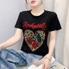Classic Women Cotton Tops Elegant O-Neck Chic Leopard Heart Hot Diamonds T-Shirts Summer Vintage Tees Sexy Female Clothes