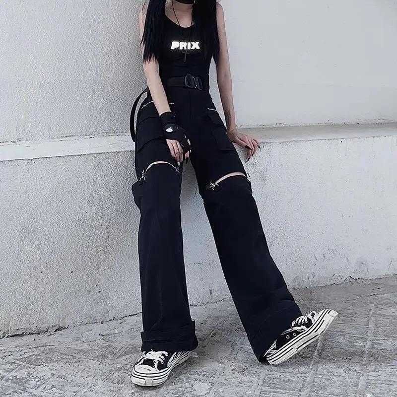 Techwear Готические черные брюки-карго Женская уличная одежда с вырезами в стиле панк Широкие брюки с карманами большого размера для женщин Хип-хоп