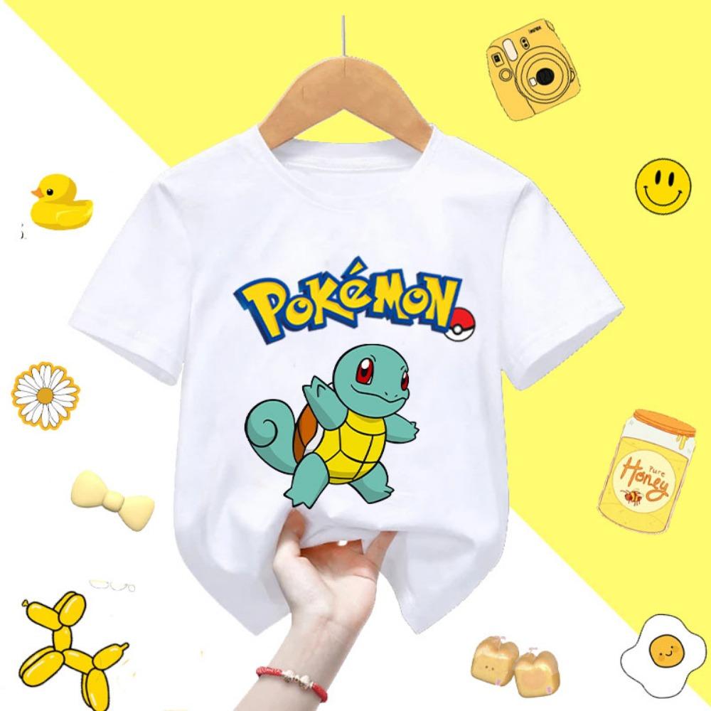Summer Children's Playful Pikachu Print Short-sleeved Casual T-shirt for Boys and Girls, Comfortable and Soft.