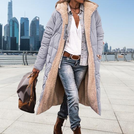 Women Winter Coat with Hood Padded Plush Lined Double-sided Wearable Outerwear Warm Large Pocket Zipper Closure Mid Length Overcoat
