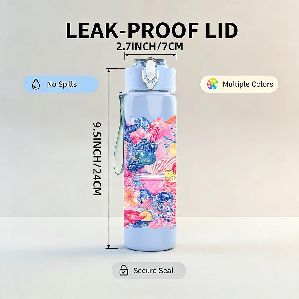 1PC Multicolor Pastel Swirl Abstract Print 750ml Color Plastic Sports Water Bottle Leakproof Flip Straw Lid Suitable for Sports Office Home Use