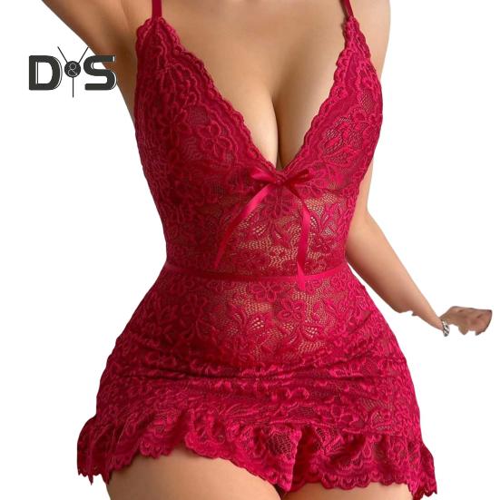 Women Nightdress V Neck Hollow Out Floral Embroidery Backless Sleeveless Slim Fit Nightwear Ruffle Hem See-through Seductive Nightgown for Bedroom