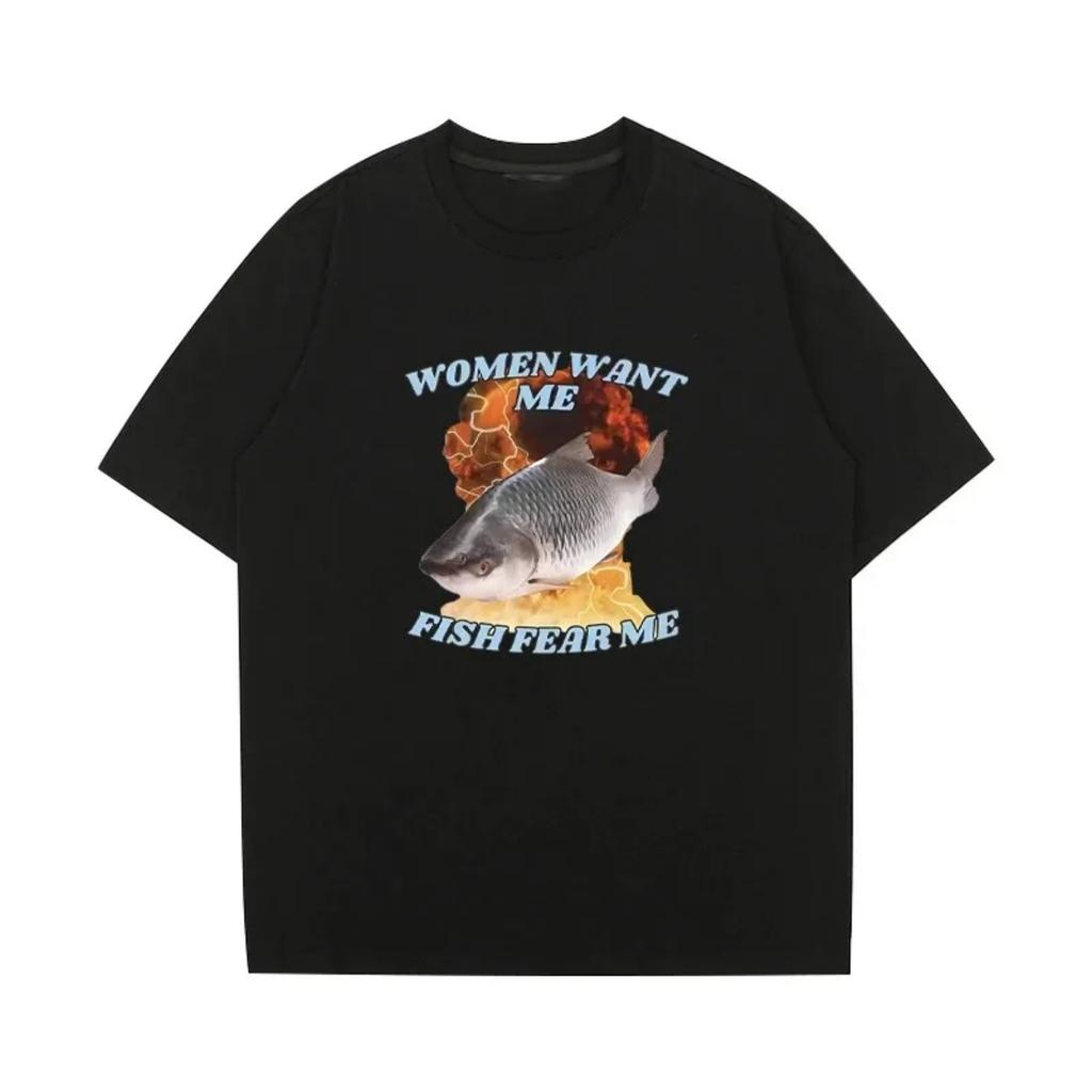 Funny Graphic Want Me Fish Fear Me Meme printed short sleeve T-shirts Fashion Harajuku Vintage Oversized Tops