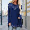 Plus Size Women Autumn Blue Embroidered Flower Printed Comfy Long Sleeve Round Collar T-shirt Casual Baggy Mid Length Tee Tops