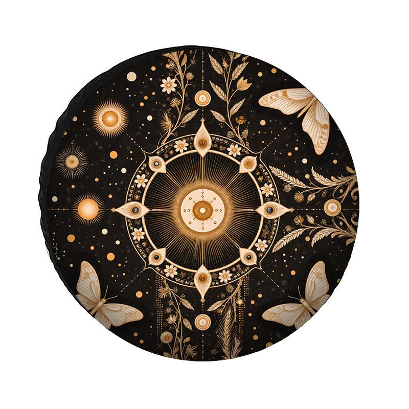 Fit For Car/truck/RV Wheel - Bohemian Alchemical Art Tire Cover With Celestial Botanical Sun Moth & Alchemical Symbols, Cream &
