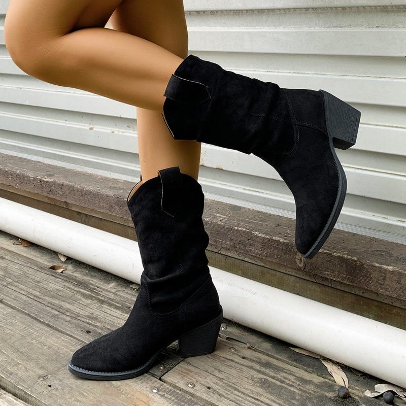 Новые Роскошные Ретро Коричневые Ковбойские Сапоги до Середины Икры с Острым Носком Женская Мода Весна Осень Зима Резиновая Обувь