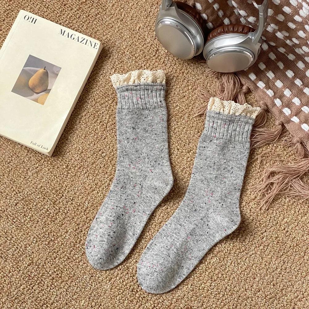 Solid Lace Ruffle Women Socks Japanese Fashion Middle-tube Lace Socks Women Korean Style Solid Color Black White Gray Long Socks