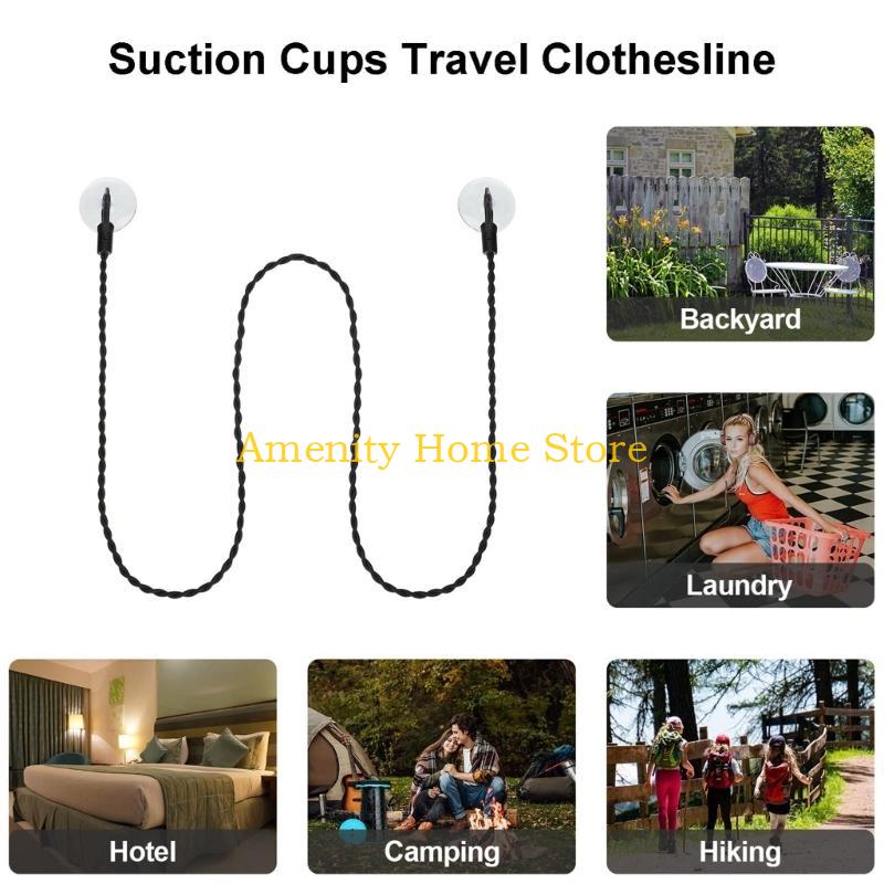 F26C 2pcs 2.8M Travel Clotheslines Business Outdoor Camping Drying Tools Non-Slip Clothes Line with Hooks Suction Cup Elastic