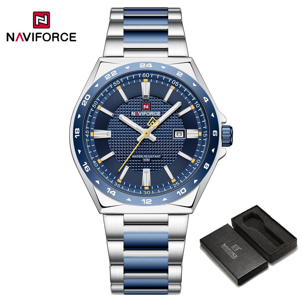 Naviforce Оригинальные кварцевые часы для мужчин с календарем, ремешок из нержавеющей стали, люминесцентные стрелки, круглый корпус, водонепроницаемые мужские часы NF9266