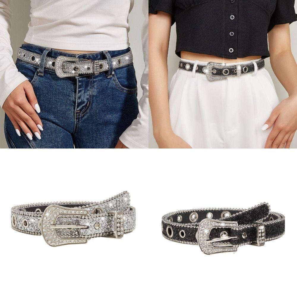Adjustable Full Rhinestone Belt PU Leather Belts Fashion Glitter Waistband  for Women Girls