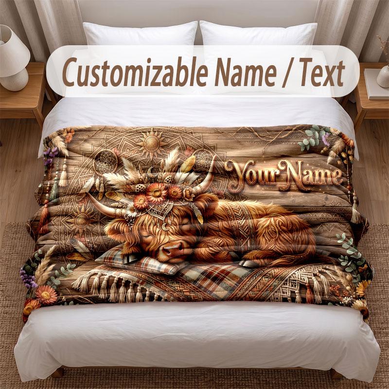 Highland Cow Theme Soft Blanket Personalized Custom Name Text Print Warm Blanket Home Sofa Bedroom Decor