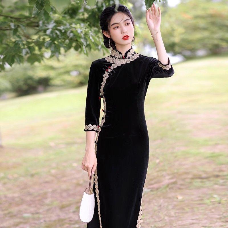 Черное золотое бархатное Cheongsam в китайском стиле, повседневное платье средней длины с длинными рукавами в стиле ретро