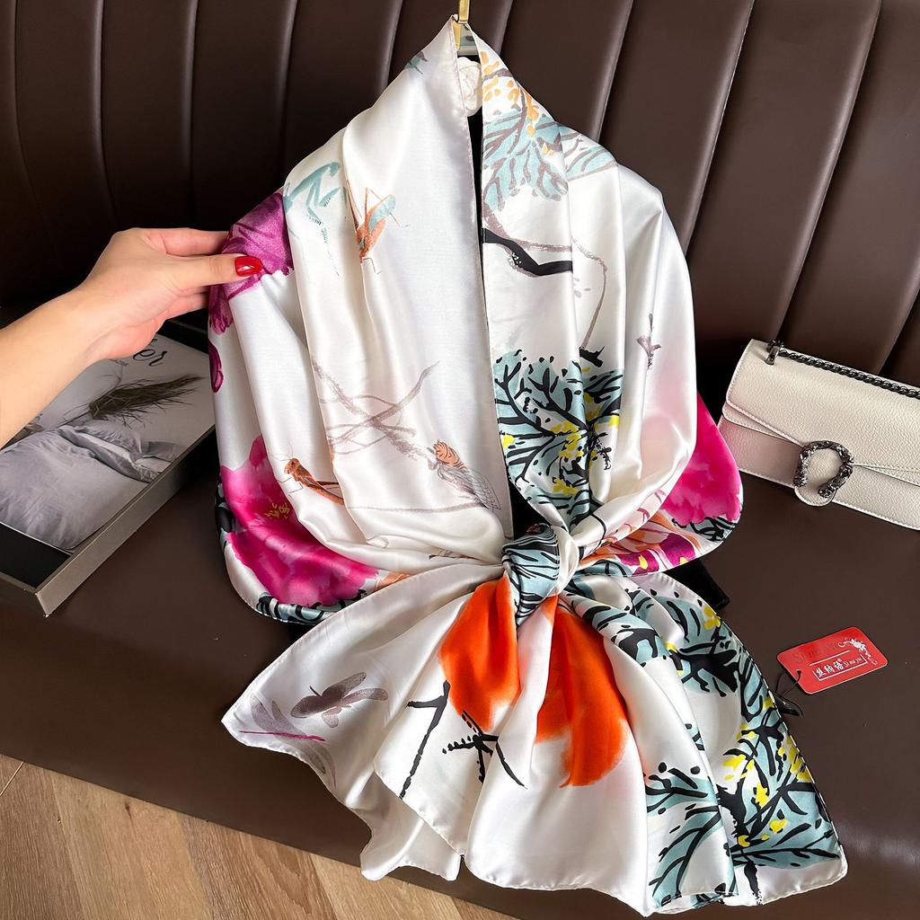 Long Silk Scarf Spring and Summer Thin Style Printed Scarf Beautiful Brocade Lotus Shawl Imitation Silk Scarf Gauze Scarf
