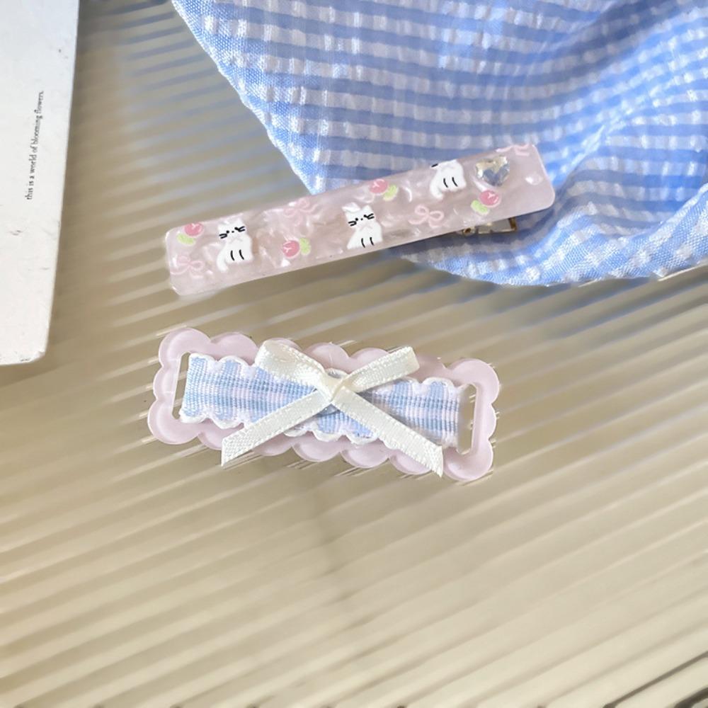 2Pcs/set Barrettes Cartoon Cat Hairpin Korean Style Korean Hair Clip Bow Plaid Hair Clip School