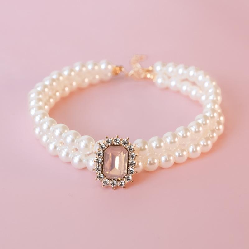 Pet Collar Cat Dog Pearl Necklace Double Stacked Premium Protein Gem Set with Rhinestones