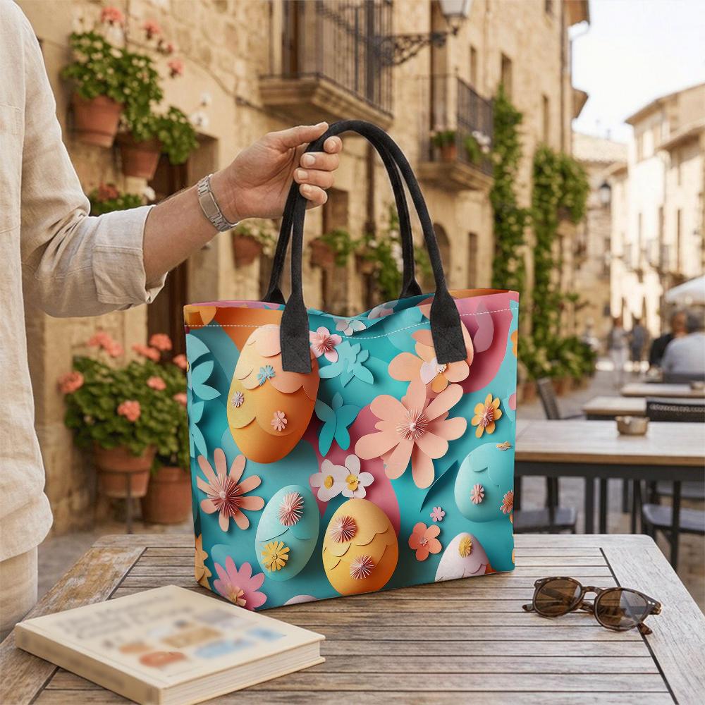 Easter Floral Print Casual Tote Bag Large Capacity Daily Shoulder Handbag for Women Shopping Travel Use