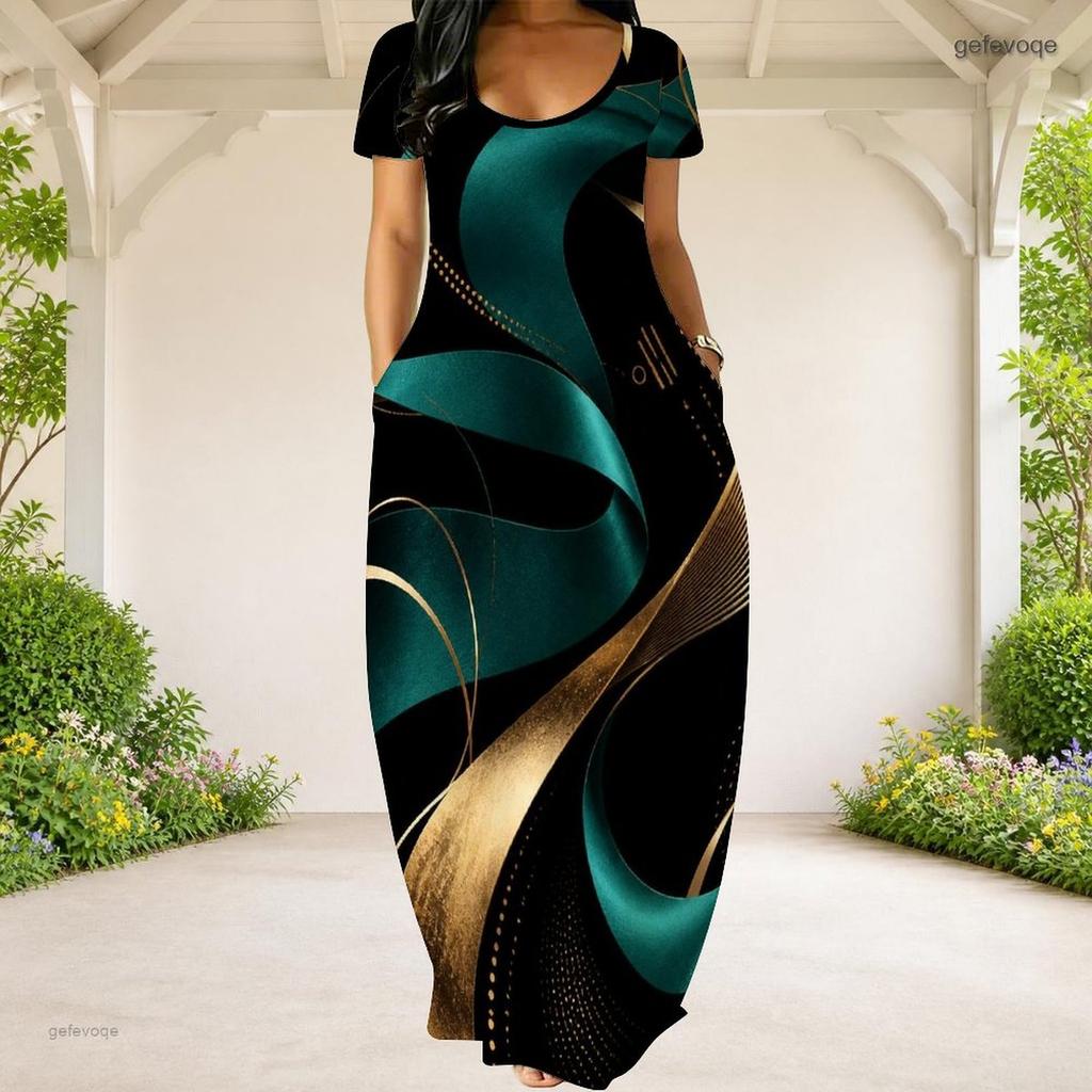 Women Plus Size Round Neck Short Sleeve Abstract Printed Black Teal Gold Maxi Dress With Side Pockets