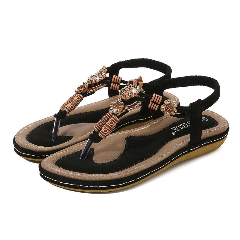Sandals Women Bohemian Wood Beads Woven Large Size Flat Casual Shoes