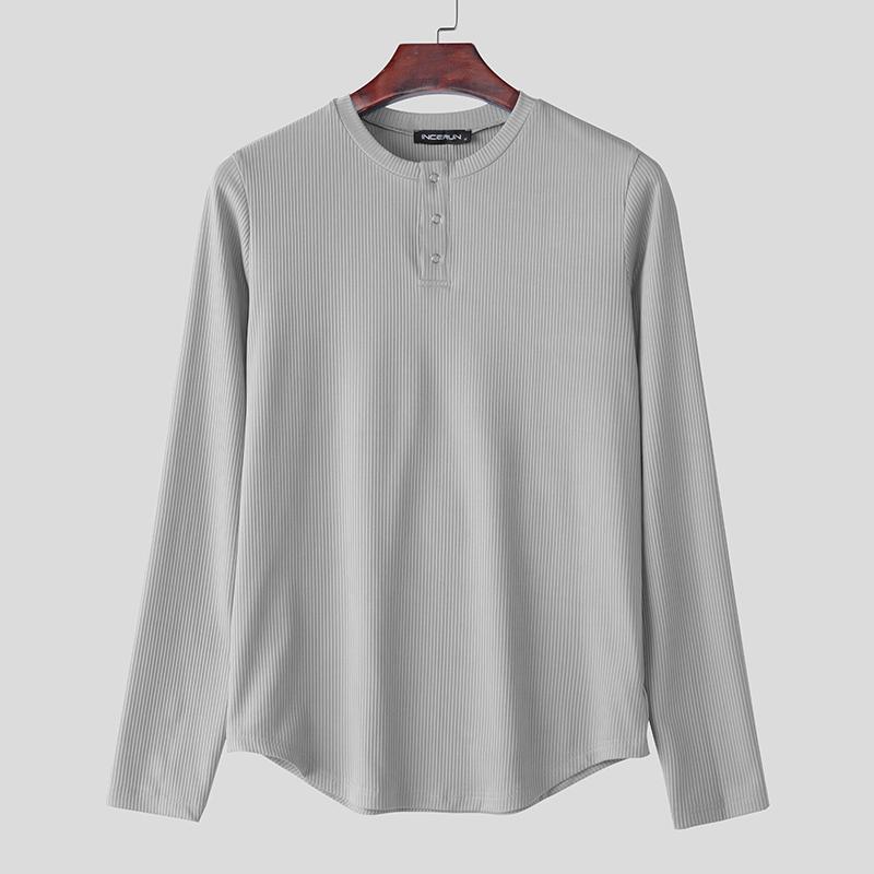 INCERUN Мужские повседневные облегающие топы с круглым вырезом и длинным рукавом в рубчик, футболки, майки