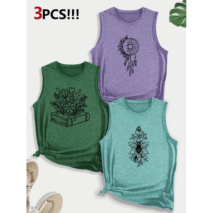 Dreamcatcher and Bee Book Combination Gift with Printed Pattern Round Neck3Pack of sleeveless vests for women in spring, summer, and autumn