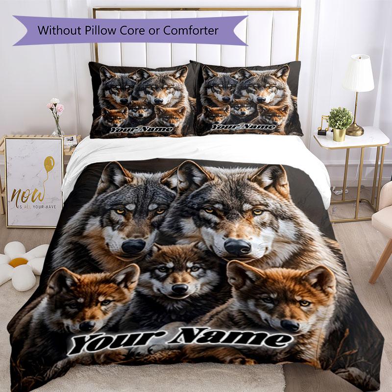 3PC Custom Name Wolf Family Portrait Bedding Set Printed Bedding Set Duvet Cover Closure Includes 1 Duvet Cover & 2 Pillowcases for All Seasons Bedroo